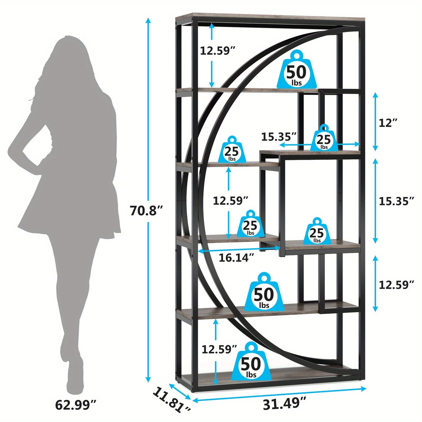 Boekenkast – Vakkenkast – Boekenrek – Opbergkast – Wandkast – 6 Lagen – Geometrisch Design – 179,83 cm Hoog – Retrogrijs Hout Met Zwart Metaal – Sterk En Duurzaam – Eenvoudig Te Monteren