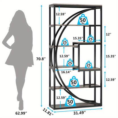 Boekenkast – Vakkenkast – Boekenrek – Opbergkast – Wandkast – 6 Lagen – Geometrisch Design – 179,83 cm Hoog – Retrogrijs Hout Met Zwart Metaal – Sterk En Duurzaam – Eenvoudig Te Monteren