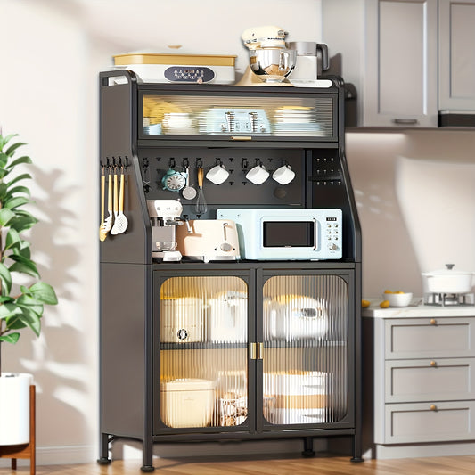Tall White Vintage Wood Kitchen Hutch Cabinet with Microwave Stand & Adjustable Shelves - Freestanding Pantry Storage with Glass Doors, Wine Rack, Wheeled Floor-Standing Furniture for Dining Room & Kitchen Organization (Maple