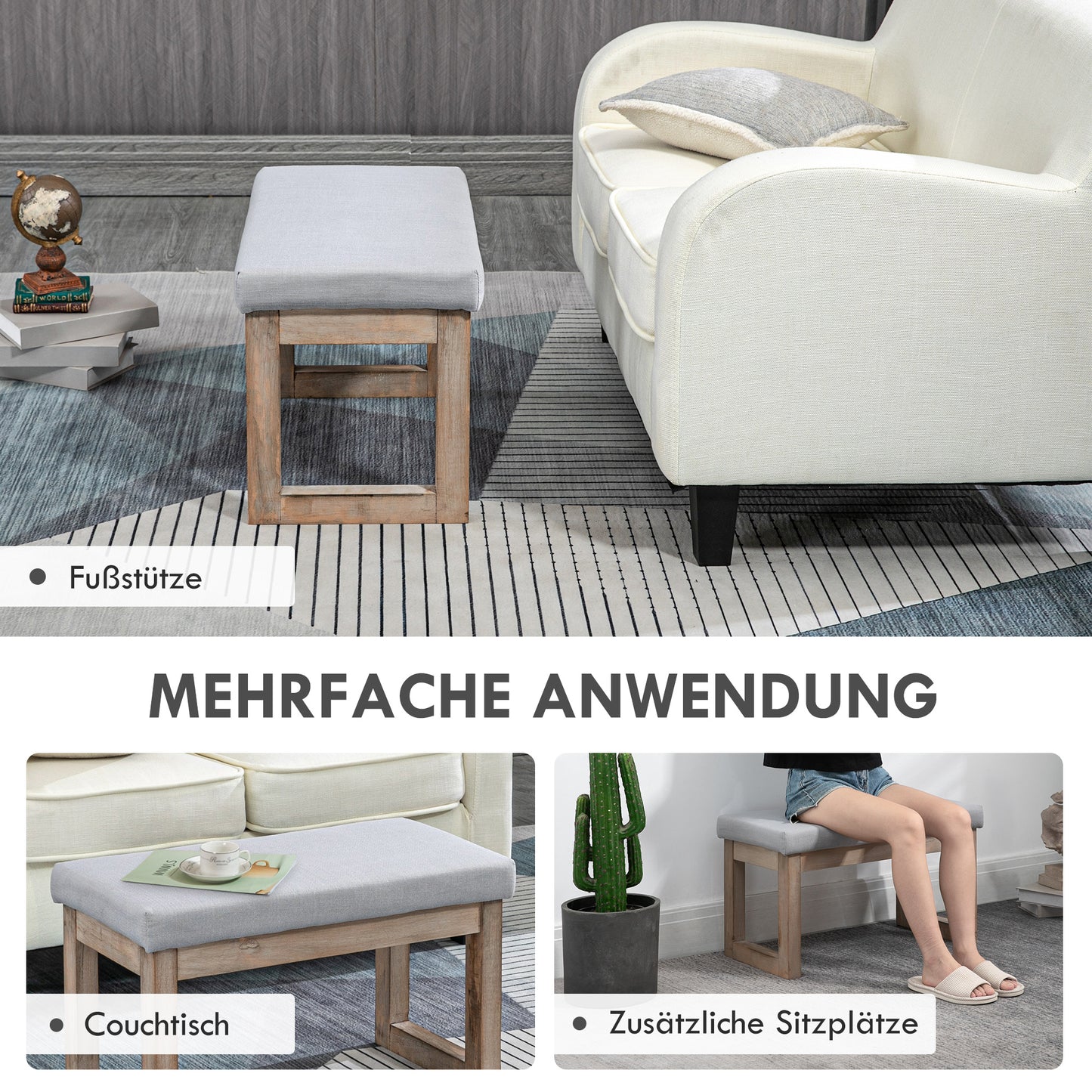 Voetenbank – Poef – Voetsteun – Voetkruk – Hocker – Scandi-Design – Grijze Bekleding – Houten Pootjes – 68x38x42 cm – Comfortabel & Duurzaam