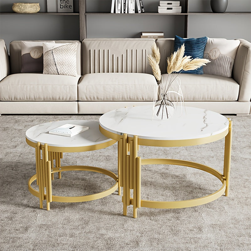 Salontafel – Koffietafel – Bijzettafel – Woonkamertafel – Tafeltje – Set van 2 Ronde Tafels – Marmerlook Blad – Goud Metalen Frame