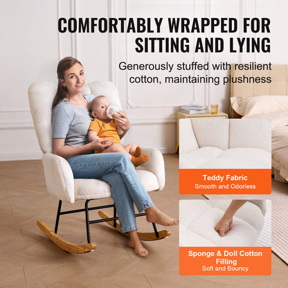 Schommelstoel – Schommelstoel Voor Babykamer – Wiegstoel – Relaxstoel – Nursing Chair – Zacht Teddy-Stof – Stevig Rubberhout Frame – Ivoor Wit