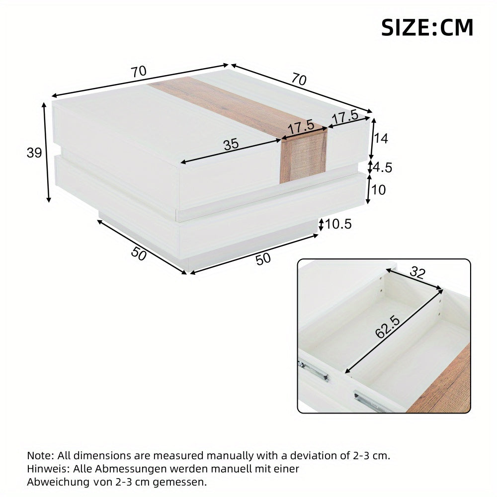 Modern White Metal Coffee Table with Extendable Top & Hidden Storage Shelves - 70x70x39cm, High-Gloss Finish, Square Design for Living Room, Bedroom, Office - Space-Saving Side Table with Drawers, Coffee Table for Living Room