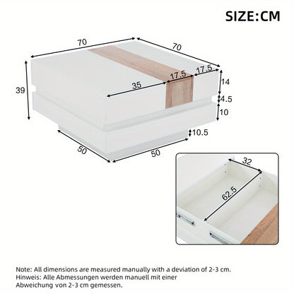 Modern White Metal Coffee Table with Extendable Top & Hidden Storage Shelves - 70x70x39cm, High-Gloss Finish, Square Design for Living Room, Bedroom, Office - Space-Saving Side Table with Drawers, Coffee Table for Living Room