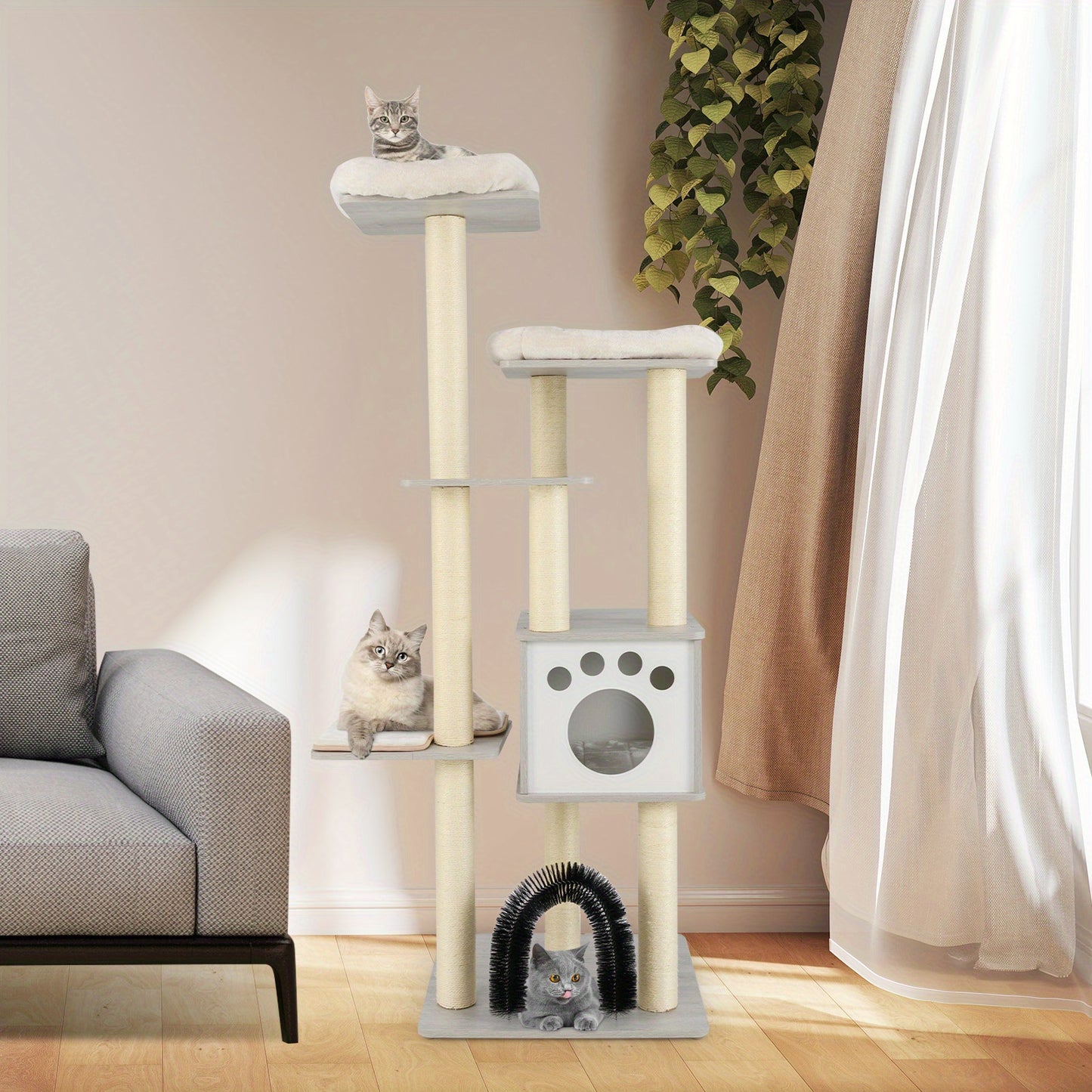Krabpaal – Kattenboom – Kattenhuis – Krabmeubel – Kattentoren – 2 Pluche Ligplekken – Duurzame Vezelplaat – Compact Design