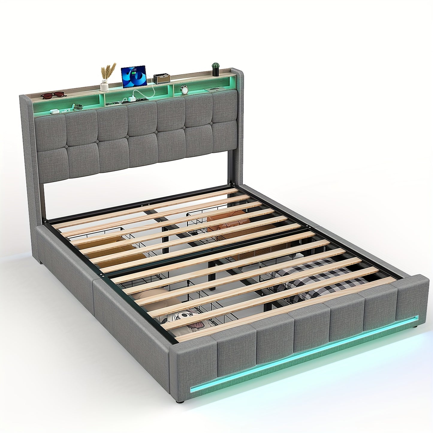 Opbergbed 90x200 cm – Opbergbedden – Ladebed – Bed met Opbergruimte – Slaapbank – Grijs Gestoffeerd – 4 Ruime Lades – Ingebouwd Oplaadstation