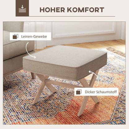 Voetenbank – Poef – Hocker – Zitbankje – Voetensteun – Comfortabel Zacht Zitvlak – Stevige Rubberwood Poten – Beige