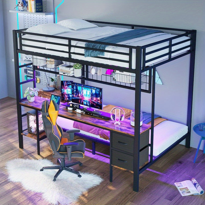 Hoogslaper – Stapelbed – Bedframe Met Bureau – Opbergruimte Bed – Metal Loft Bed – Zwart 90x200 / 140x200 – Ruimtebesparend Ontwerp – Duurzaam Metalen Frame