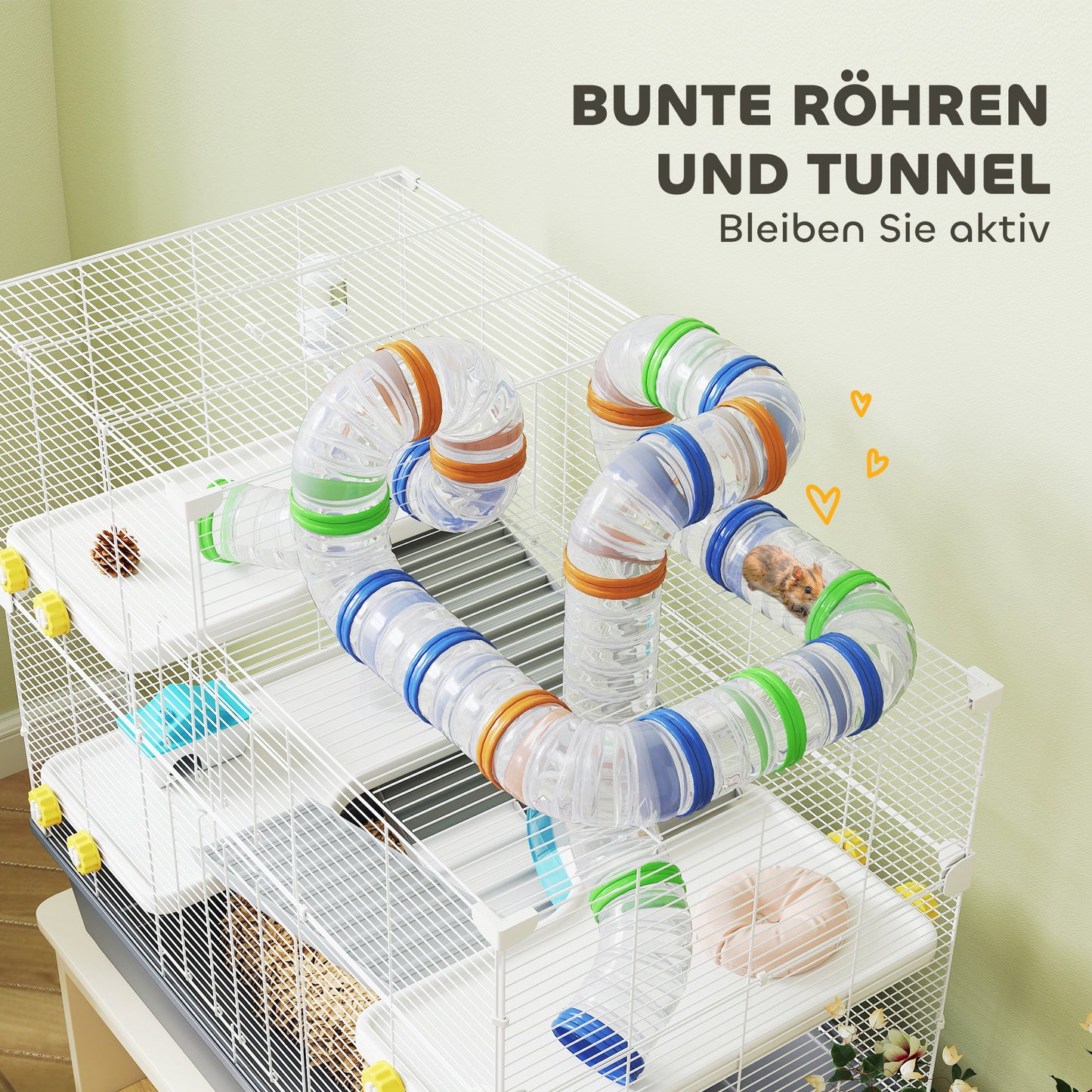 Dwerg Hamsterkooi – Hamsterkooi – Hamsterverblijf – Kleine Dierenkooi – Mini Dierenverblijf – 4 Verdiepingen Met Tunnel Systeem – Inclusief Accessoires En Bovenklep – Grijs 78x45x73 cm