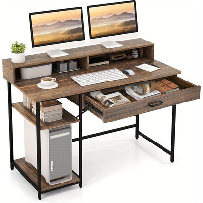 Computertafel – Bureau – PC Tafel – Werktafel – Kantoortafel – Rustiek Bruin – Met Monitorstandaard – ruime Lade en Opbergruimte – Stabiel Metalen Frame – 120x56x90,5 cm