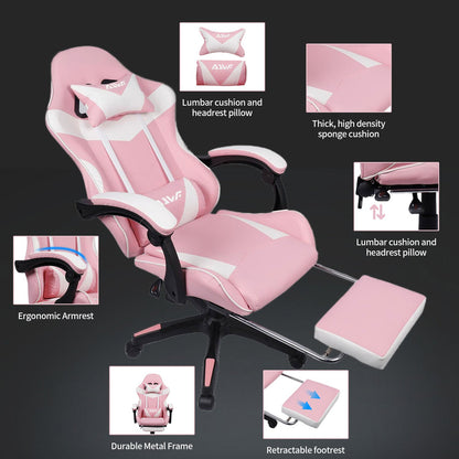 Gamingstoel – Gamestoel – Gaming Chair – Game Stoel – Bureaustoel – Roze – Ergonomisch Design – Uitschuifbare Voetensteun