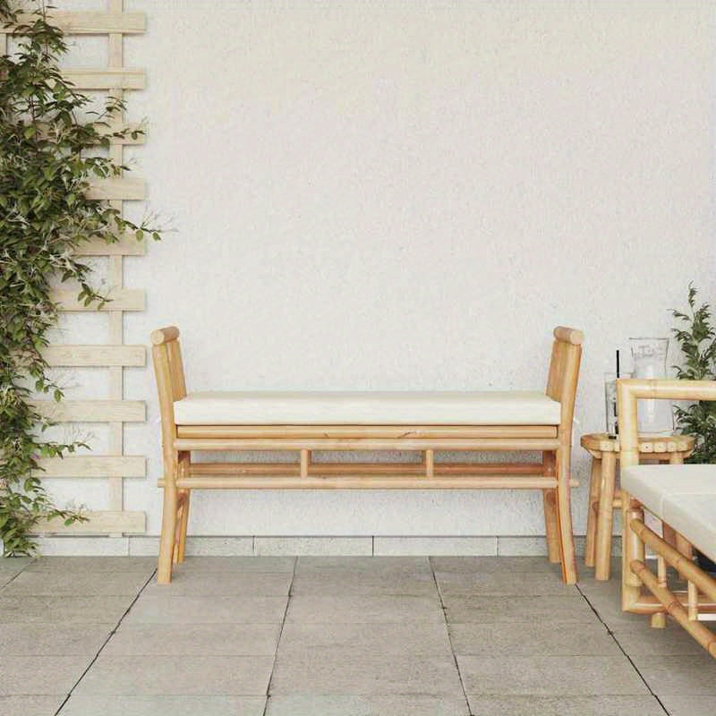 Tuinbank – Buitenbank – Tuinmeubel – Zitbank – 110Cm – Bamboe – Met Comfortabel Kussen – Duurzaam & Weerbestendig – Crème