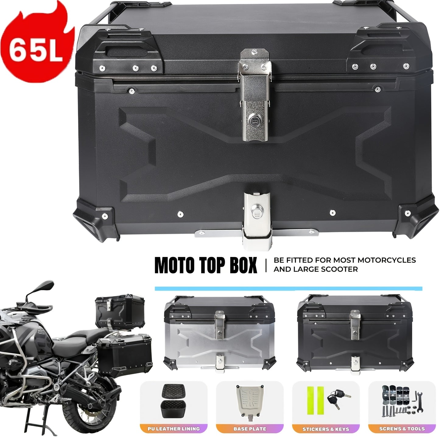 GOXTOOLBOX Universal Motorcycle Tailgate 55/65 Liters Large Capacity, Helmet And Gear Organizer, Waterproof And Shatterproof with Reflective Strip, Liner And Mounting Accessories for Outdoor Camping