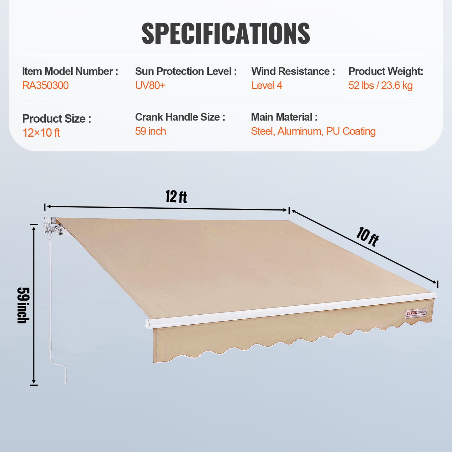 Handmatige Uitschuifbare Zonwering – Terrasoverkapping – Markies – Zonnescherm – Balkonafdekking – 12x10 ft – Waterdicht Polyester – UV80+ Bescherming
