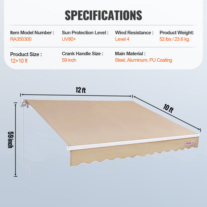Handmatige Uitschuifbare Zonwering – Terrasoverkapping – Markies – Zonnescherm – Balkonafdekking – 12x10 ft – Waterdicht Polyester – UV80+ Bescherming