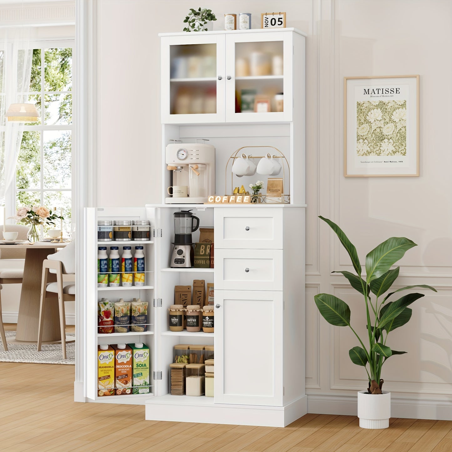 Keukenkast – Keukenbuffet – Opbergkast – Kast – Keukenmeubel – Wit – Matglas Deuren – 7 Verstelbare Planken – MDF – Ruim Werkblad 68,5 cm