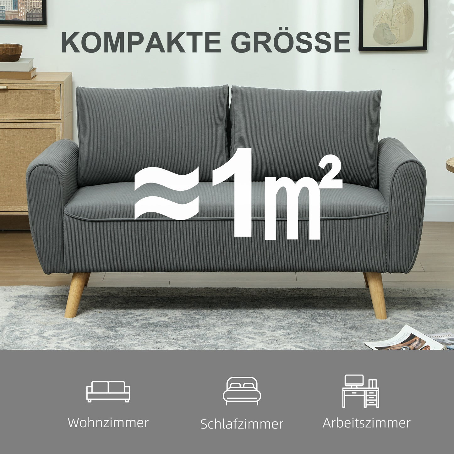 Bankstel – Tweezitsbank – 2-Zitsbank – Sofa – Bank – Donkergrijs Corduroy – Compact 145x75x78 CM – Inclusief 2 Rugkussens