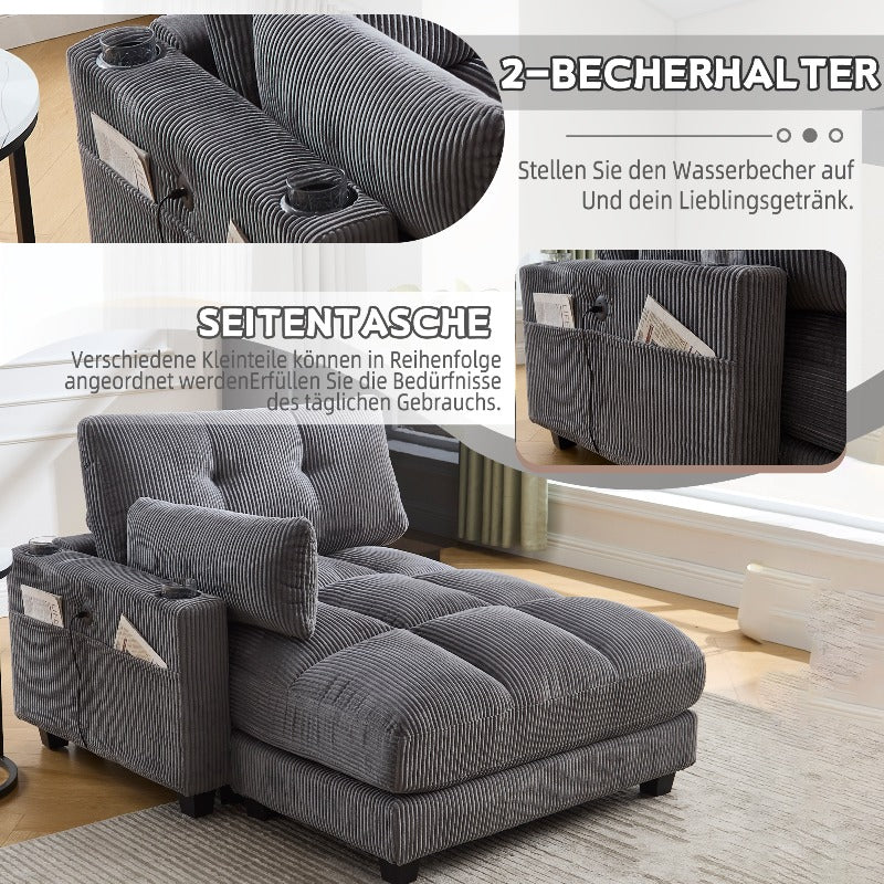 Palmen Stoel – Lounge Stoel – Relaxstoel – Recliner – Zetel – Met Fluffy Gestreepte Kussens – Met 3 Bekerhouders & Zijvak – Stevig Metalen Frame – Met Zachte Bekleding
