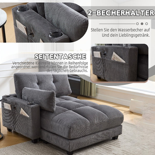 Palmen Stoel – Lounge Stoel – Relaxstoel – Recliner – Zetel – Met Fluffy Gestreepte Kussens – Met 3 Bekerhouders & Zijvak – Stevig Metalen Frame – Met Zachte Bekleding