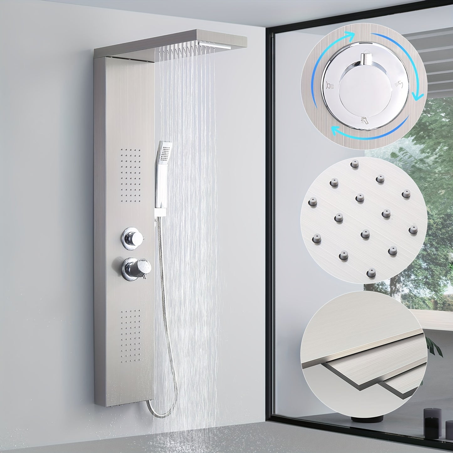 Douchepaneel – Douchekolom – Regendouche – Massage Douche – Handdouche – RVS Geborsteld – 4 Waterfuncties – Thermostaatkraan