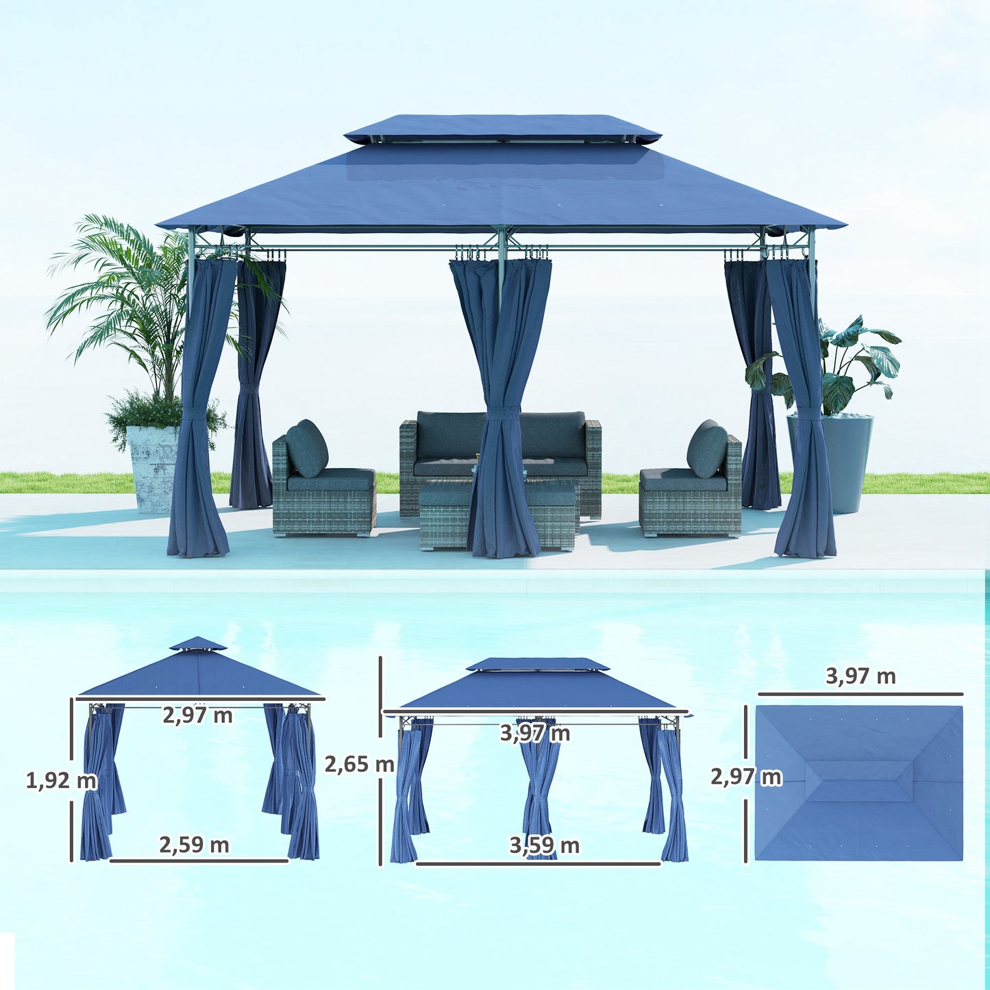 Tuinpaviljoen – Tuinoverkapping – Partytent – Prieel – Pergola – Blauw – Dubbel Dak Voor Optimale Ventilatie – 3x4 Meter Ruimte Voor 12 Personen