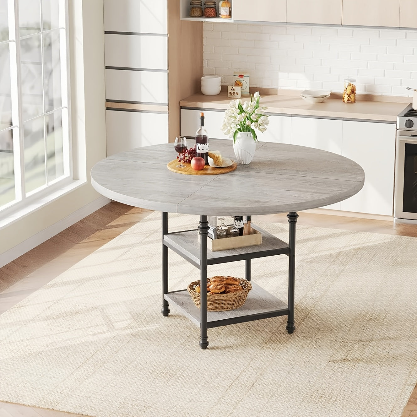 Ronde Eettafel – Dining Table – Tafel – Keukentafel – Eetkamertafel – Grijs – 2-laags Opbergruimte – Stevig Metalen Frame