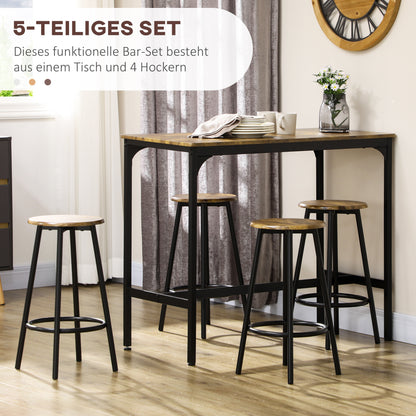 5-delige Barset – Bartafel Set – Barkrukken – Bar Stoel – Zitgroep – Industrieel Design – Zwart Met Rustiek Bruin – Duurzaam Metalen Frame – Compact Formaat