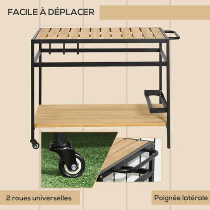 Barbecuewagen – Barbecuetrolley – Grillwagen – BBQ Kar – Serveerwagen – Natuurlijk Hout En Metaal – 2 Ruime Planken & 3 Haken – 107x65x80 cm