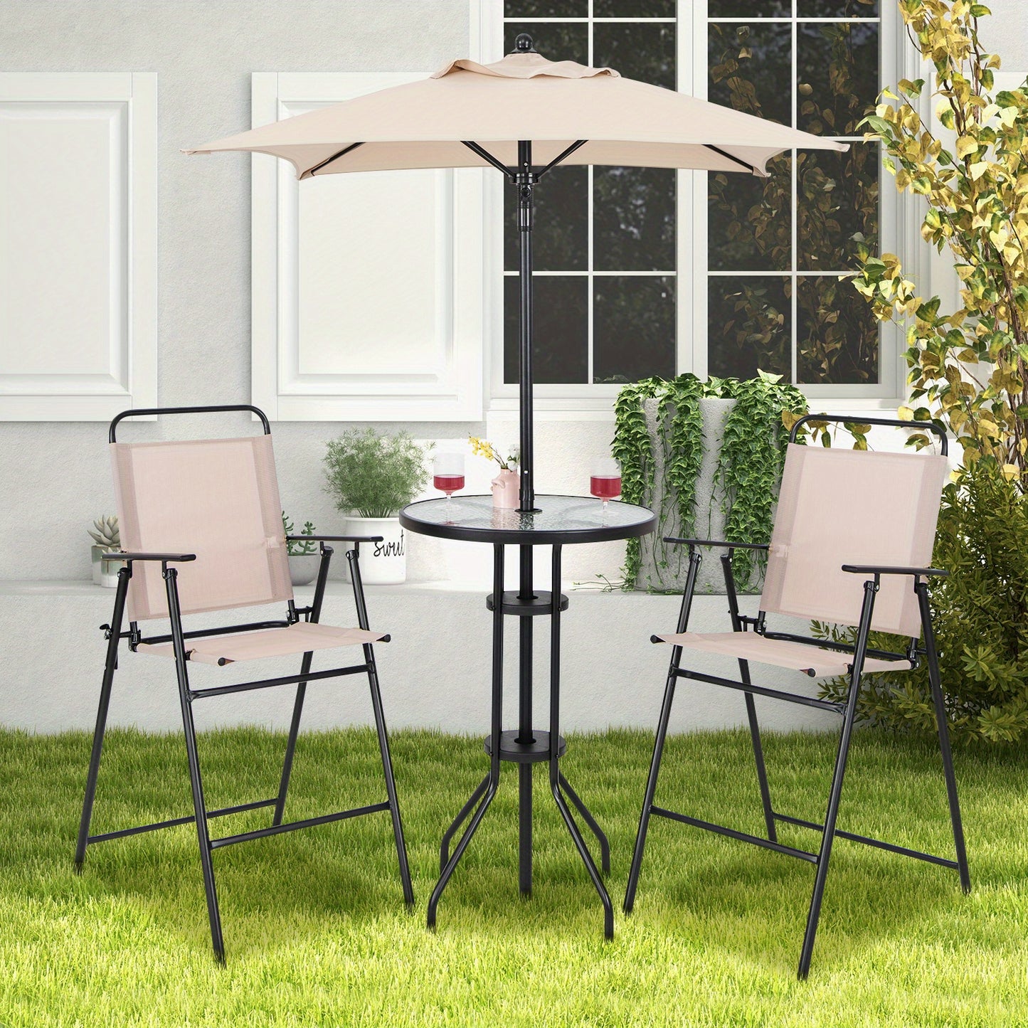 Bistrotafel Balkonset – Balkonmeubels Tuinset – Zitgroep Parasolset – Inklapbare Stoelen – Beige Kleur – Geharde Glas Tafel – Ruimtebesparend & Stevig Frame