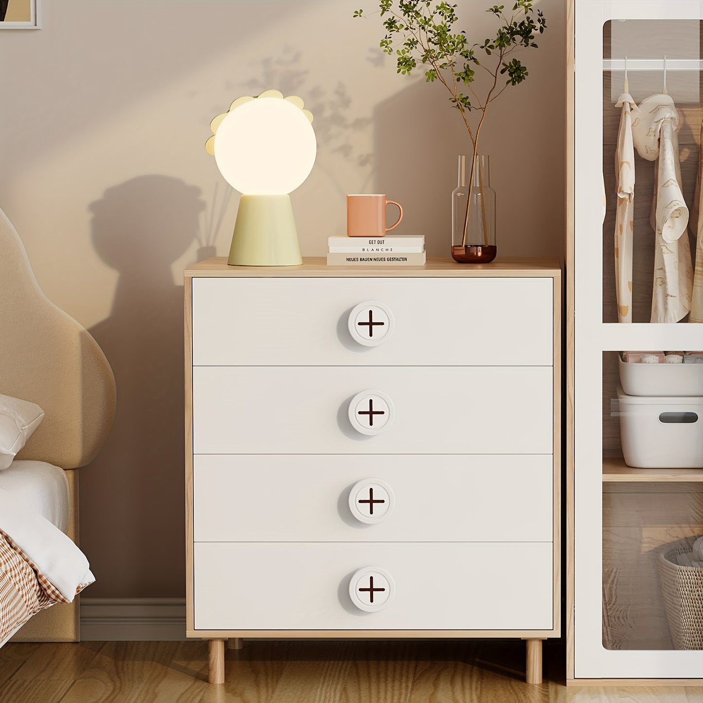 White Modern Nightstand with 4-Drawer & Locker Storage - Sturdy Metal Frame & Chipboard Construction, Space-Saving Bedside Cabinet with Open Shelf, Easy Assembly, 31.5" Height, 80x54x90cm, Ideal for Bedroom, 'oom, Small Space