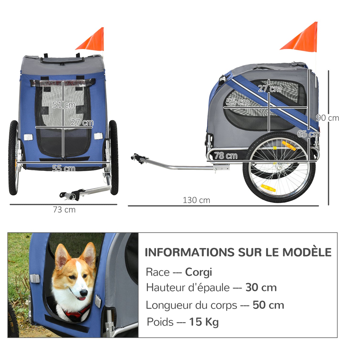 Fietskar Hond – Hondenfietskar – Hondenkar – Fietsaanhanger – Huisdierenkar – Waterbestendig Polyester – Max 30 kg – 130x73x90 cm – Inclusief Vlag & Reflectoren