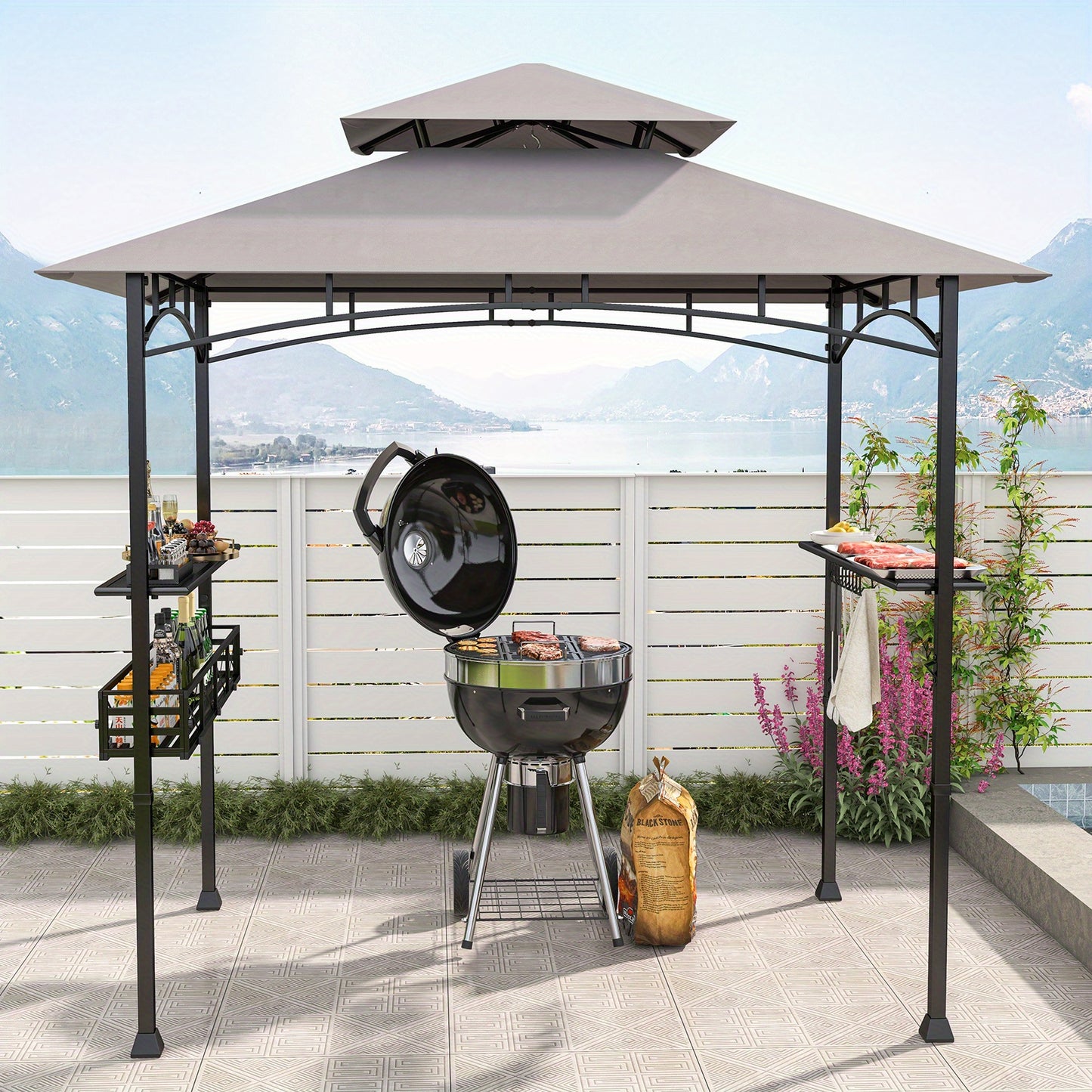 Heavy-Duty Grill Gazebo with 2 Side Shelves, Storage Basket & Hooks - CPAI-84 Flame Resistant Outdoor BBQ Canopy, Large Cooking Station Shelter with Metal Frame for Backyard, Patio, BBQs - Easy Assembly