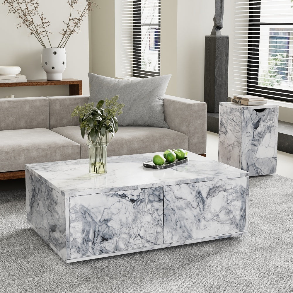 Salontafel – Bijzettafel – Koffietafel – Sofa Tafel – Balkon Tafel – Marmerlook MDF – Set Van 2 – Met Opbergruimte – Flexibel Plaatsbaar