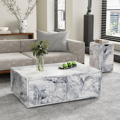 Salontafel – Bijzettafel – Koffietafel – Sofa Tafel – Balkon Tafel – Marmerlook MDF – Set Van 2 – Met Opbergruimte – Flexibel Plaatsbaar