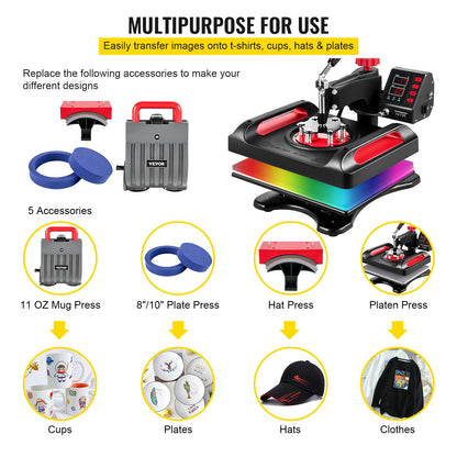Heatpressmachine – Warmtepers – Transferpers – Hittepers – Kledingpers – 5-in-1 multifunctioneel – 30x38 cm Teflon-coating – Digitale temperatuurregeling