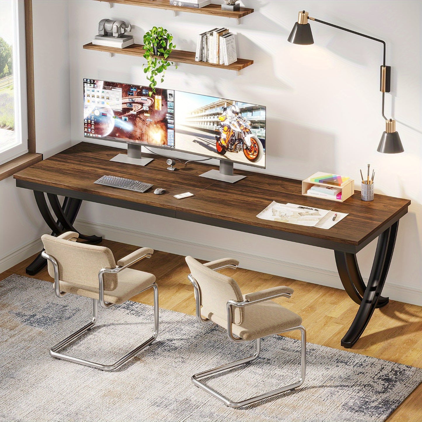 Bureau – Computertafel – Schrijftafel – Werkplek – Thuiswerkplek – Extra Lang 200 cm – Stevig Gefabriceerd Hout – Ruim Voor Twee Personen – Vrijstaand – Modern Landelijke Stijl – Bruin