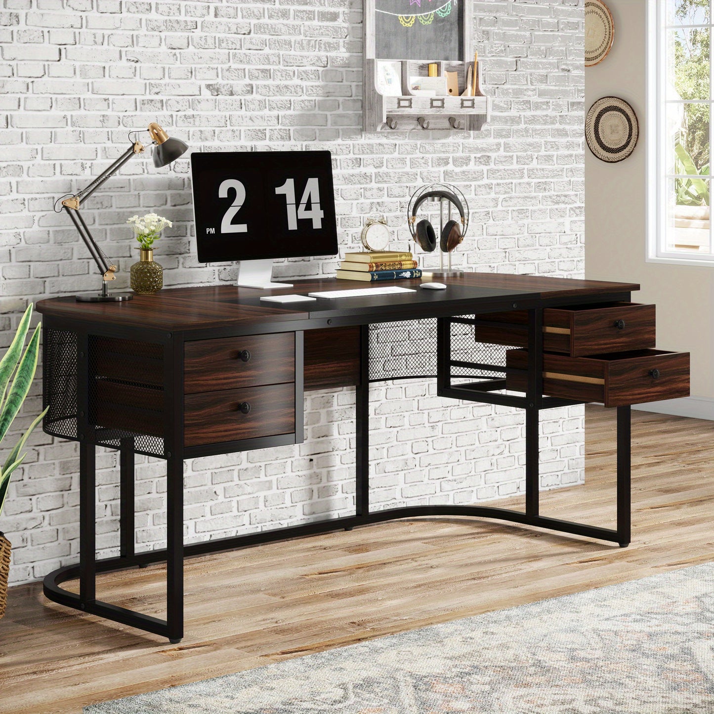 Bureau – Werkplek – Computertafel – Bureautafel – Schrijftafel – Extra Groot – Met 4 Lades – Engineered Houten Tafelblad – Robuuste Metalen Poot – Donker Walnoot