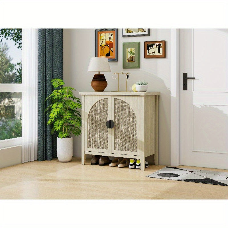 Modern Natural Rattan Storage Cabinet with Two Doors - Curved Sideboard or China Cabinet, Sturdy Metal Frame, Open Shelf & Closed Storage Compartments, Space-Saving Entryway, Living Room, Dining Room, Kitchen Organizer - No A