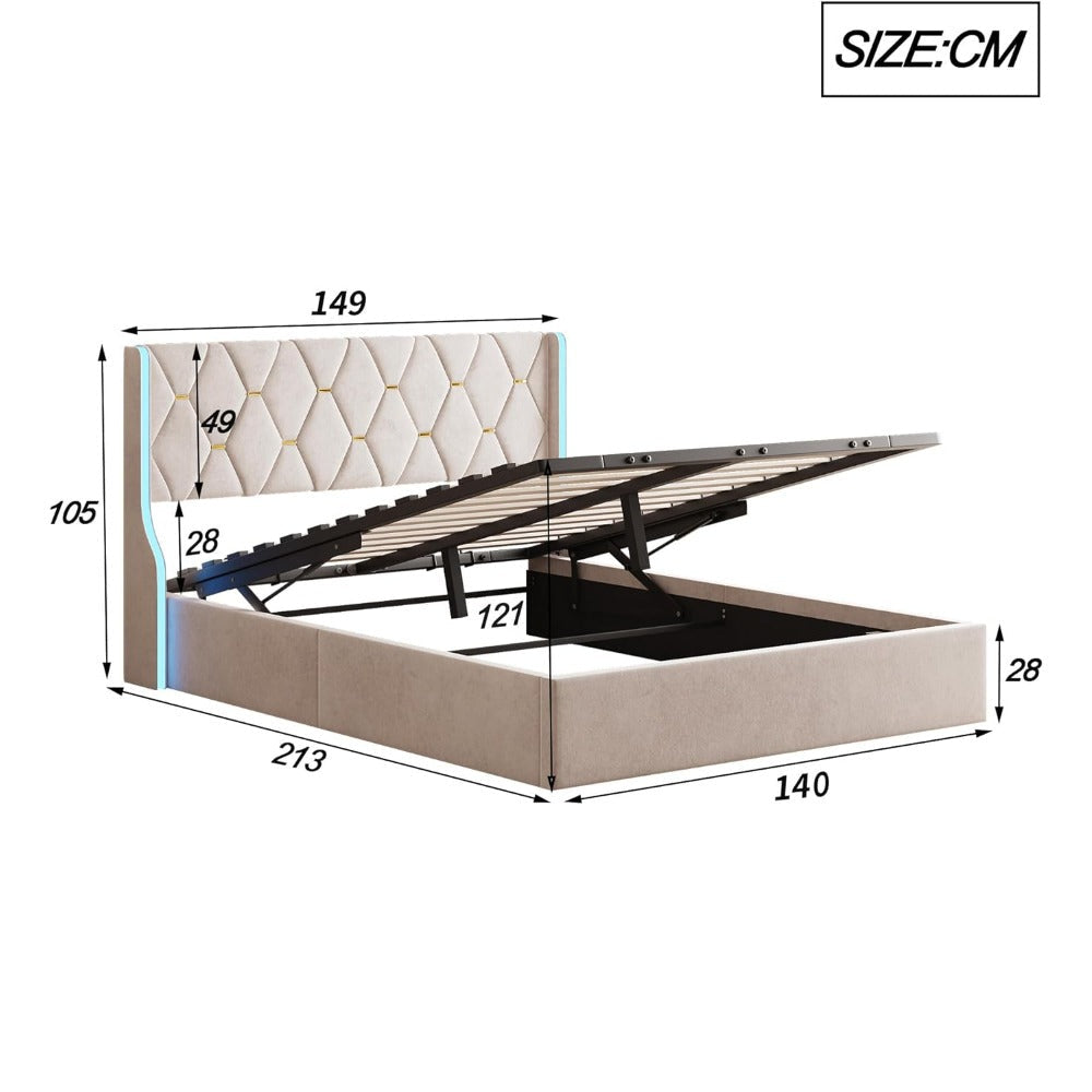 Opbergbed – Gestoffeerd Bed – Tweepersoonsbed – Opbergruimte Bed – Hydraulisch Bed – 140x200 cm – Velvet Bekleding – LED Verlichting