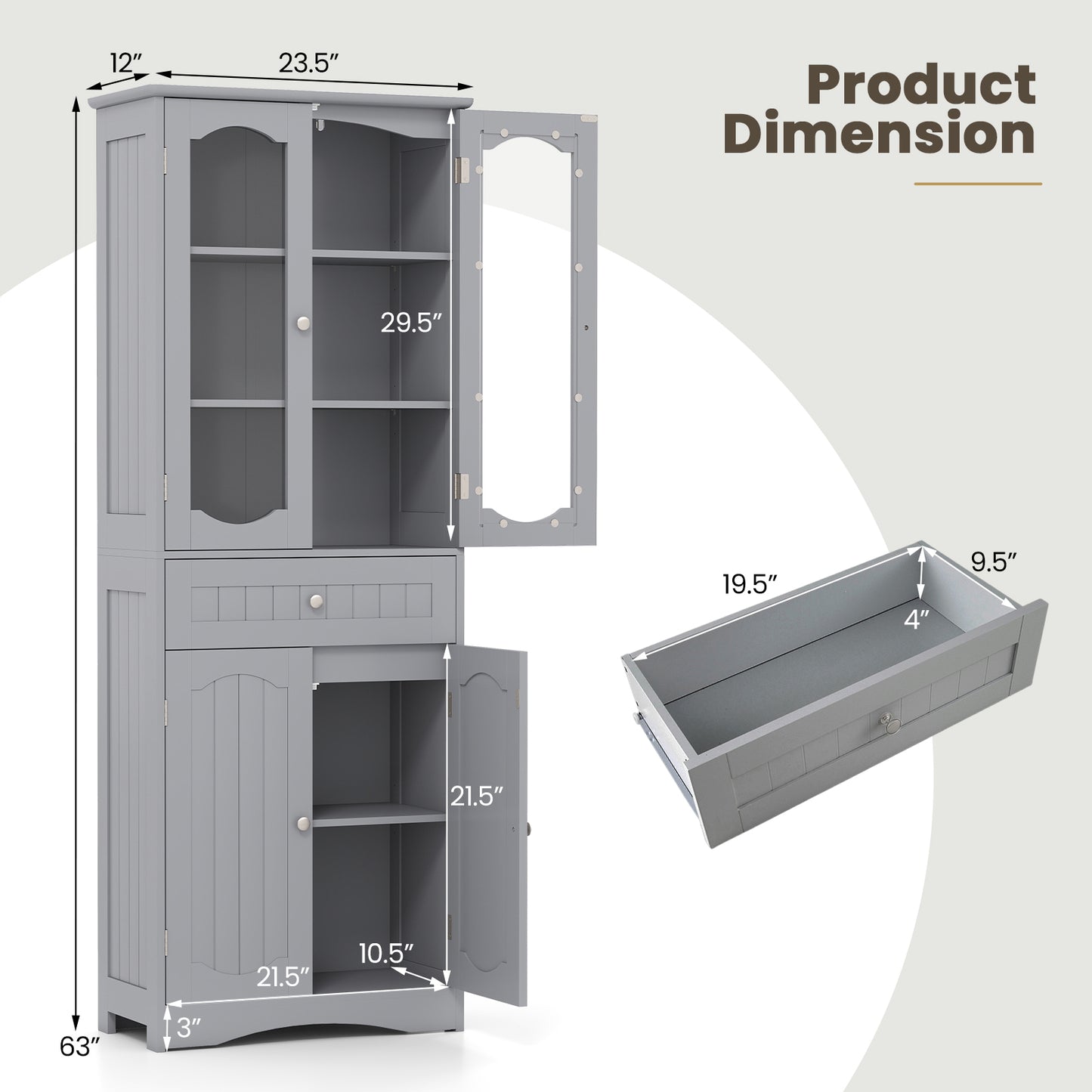 Badkamerkast Hoog – Linnenkast – Opbergkast – Keukenkast – Dressoir – 63 Inch Hoog – 2 Glazen Deuren & 2 Verstelbare Planken – Grijs