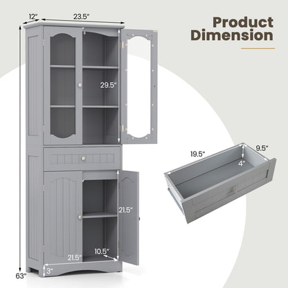 Badkamerkast Hoog – Linnenkast – Opbergkast – Keukenkast – Dressoir – 63 Inch Hoog – 2 Glazen Deuren & 2 Verstelbare Planken – Grijs