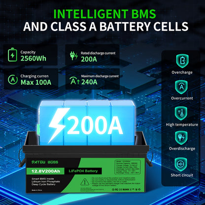 LiFePO4 Accu – Lithium Batterij – Deep Cycle Accu – Solar Accu – RV Batterij – 12,8V 200Ah – 200A BMS Bescherming – Tot 15000 Cyclus Levensduur