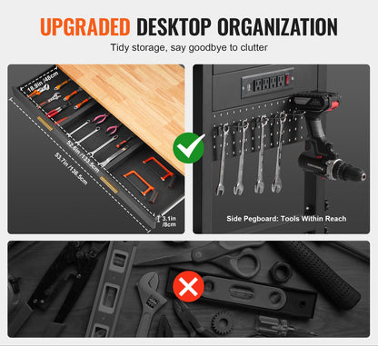 Werkbank – Werktafel – Werkbank Op Wielen – Werkplekken – Klusbank – Verstelbare Hoogte 78-106 cm – Ingebouwd Stopcontact & Lade