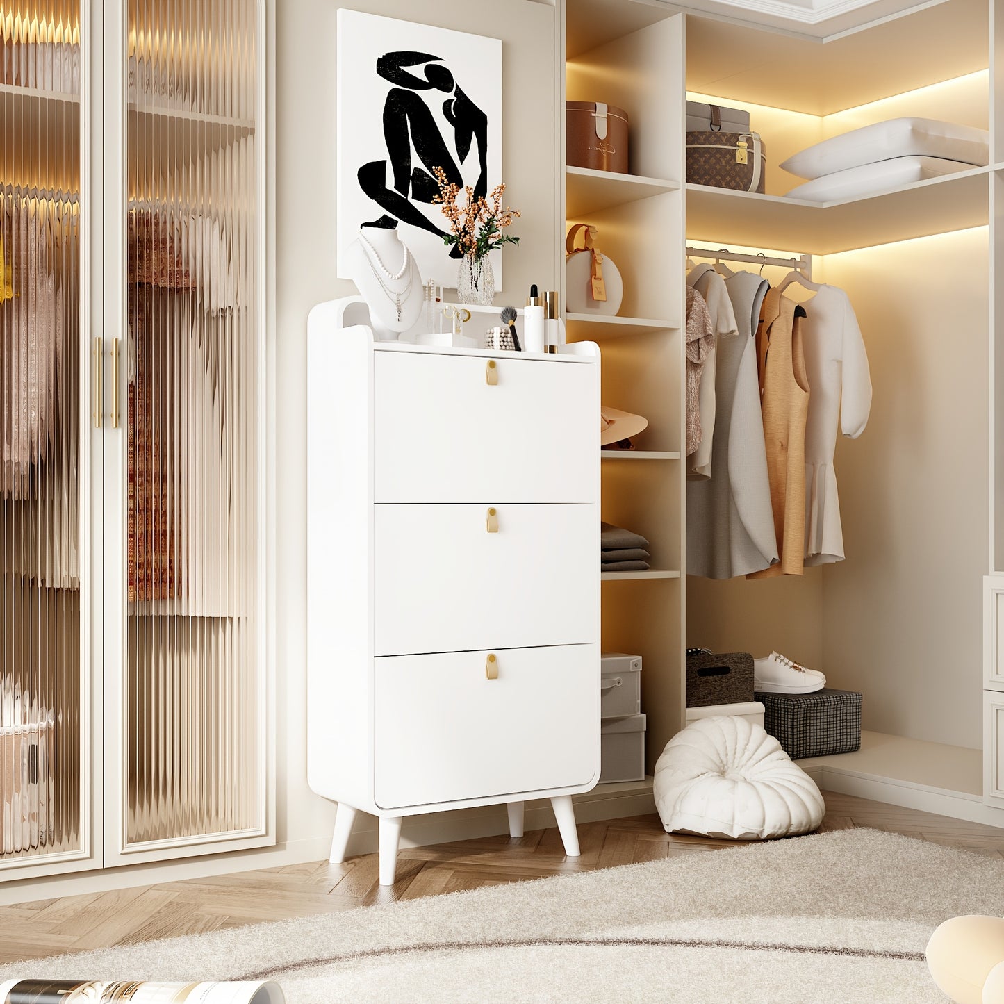 Schoenenkast – Schoenenrek – Schoenopberger – Schoenenkast – Schoenendisplay – Wit Metaal – 3 Inklapbare Lades – Ruimtebesparend Smal Design