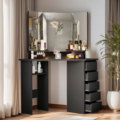Make-up Tafel – Kaptafel – Schminktisch – Make-up Organiser – Vanity Tafel – Hoekmodel Met 3 Spiegels – 5 Lades & 2 Open Vakken – 112x50x142,5 cm – Modern & Ruimtebesparend