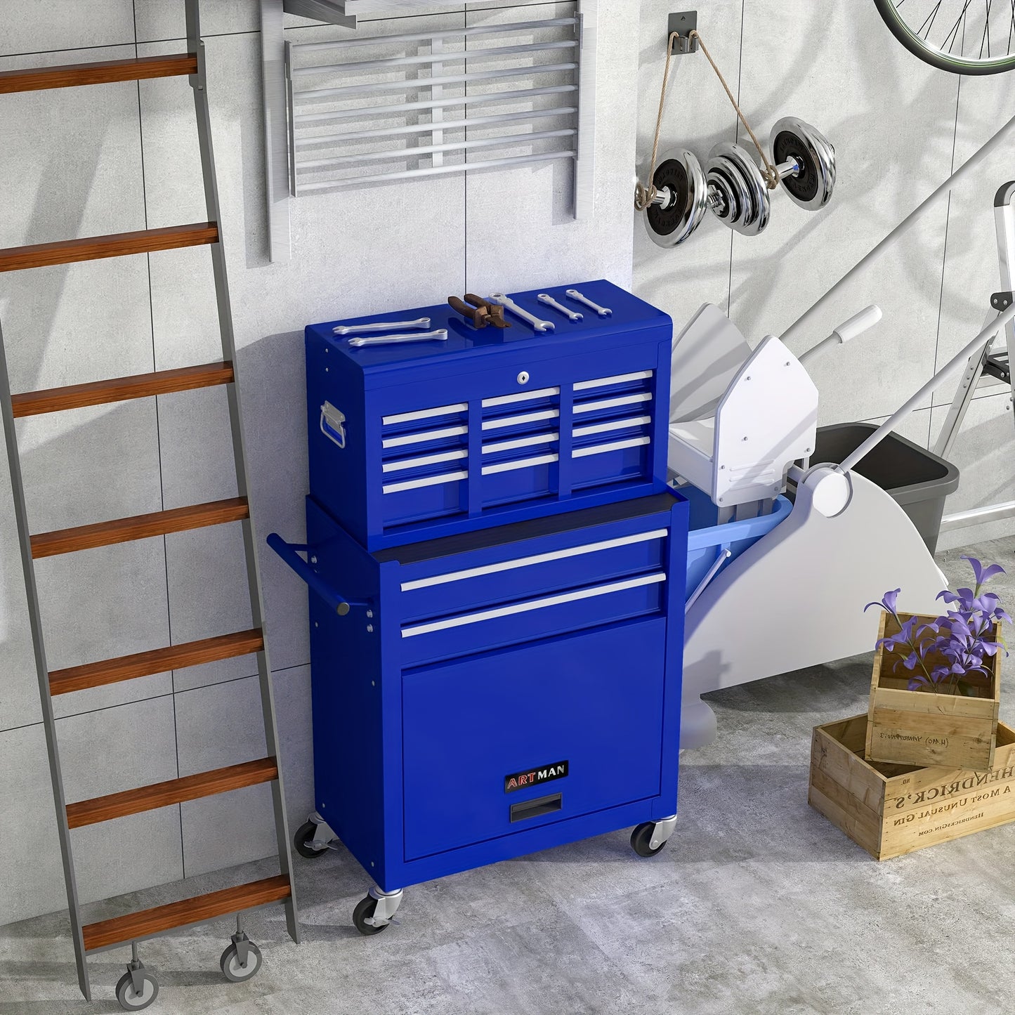 Gereedschapskist – Werkplaatskast – Tool Chest – Gereedschapskast – Metaalkist – 8 Laden – RVS Stalen Constructie – Mobiel Met 4 Wielen – Slot En Afneembare Toolbox