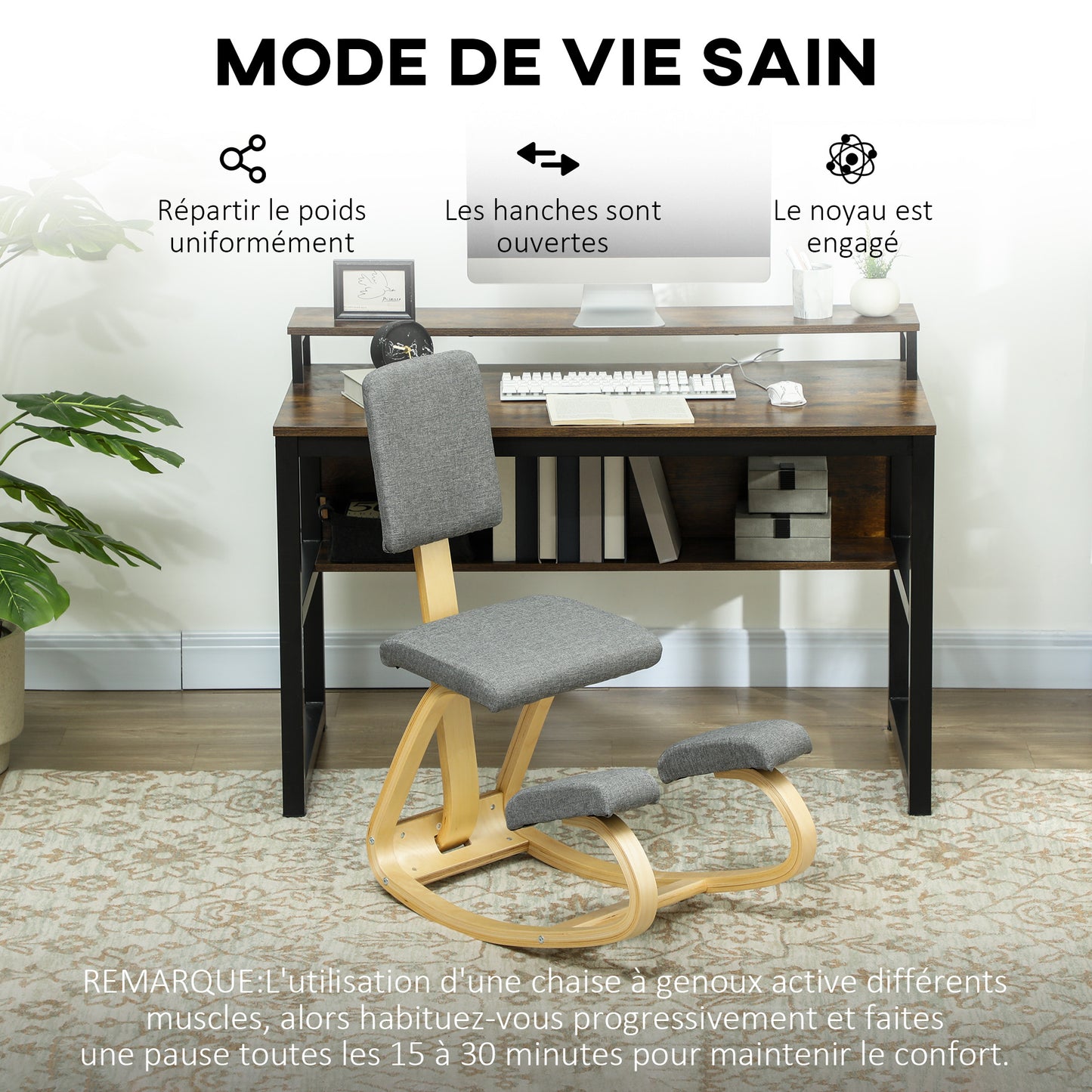 Kniestoel – Ergonomische Bureaustoel – Knielstoel – Zitknieler – Rocking Chair – Verbeterde Houding – Massief Beukenhout – Grijs