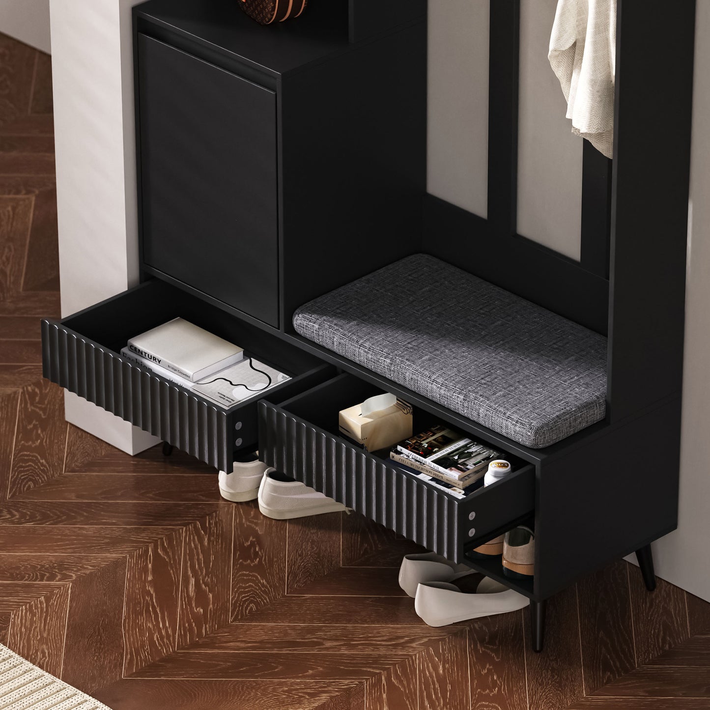 Halmeubel – Kapstok – Schoenenrek – Opbergkast – Zitbank – 6-in-1 Multifunctioneel – Mat Zwart MDF – 100x35x180 cm – Kantelbeveiliging