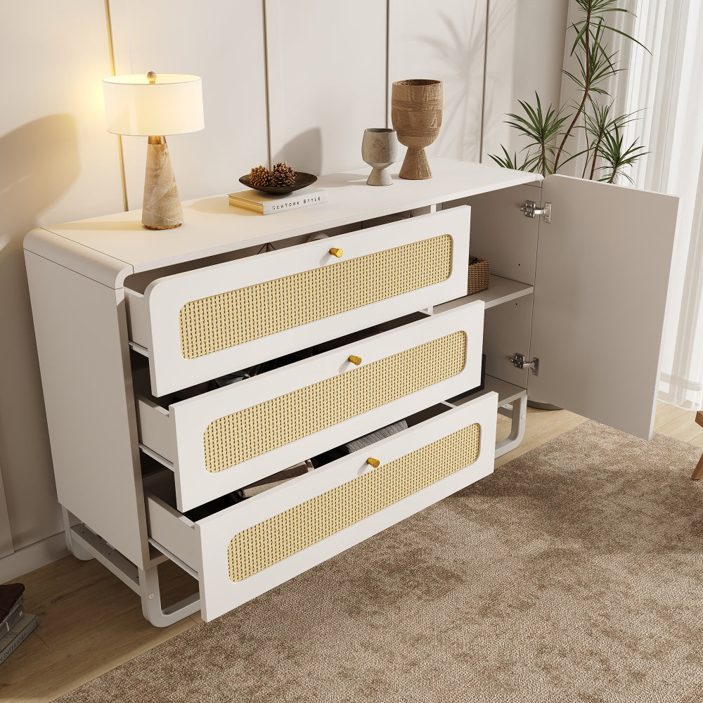 Dressoir – Sideboard – Opbergkast – Ladekast – Buffetkast – Modern Design – Vlechtwerk Met Gouden Accenten – 3 Lades & Deur – Verstelbare Planken – Anti-Kantelbeveiliging – Ruimtebesparend 120x85x40 cm