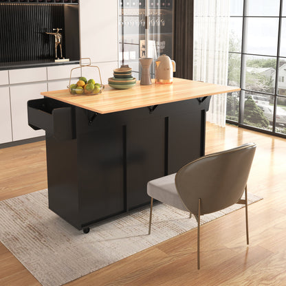 Keukenwagen – Keukentrolley – Servierwagen – Keukenkar – Rolkast – Uitklapbaar Werkblad – Houtlook Blad – 139x46(71)x91,5 cm – Met Laden en Verstelbare Planken – Mobiel en Vast Plaatsbaar – Zwart Met Houten Poten